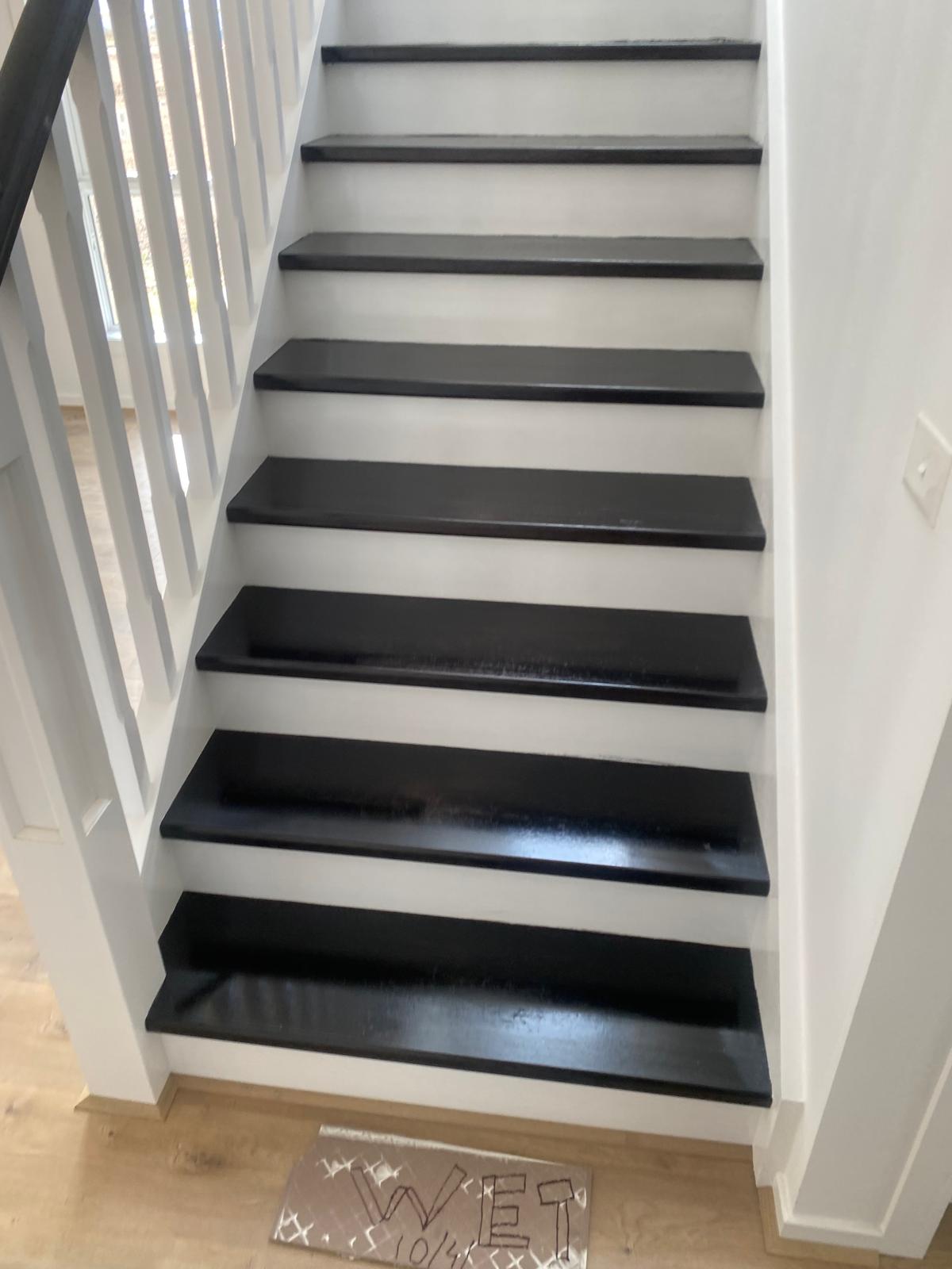 Staircase treads finished in black enamel against white risers